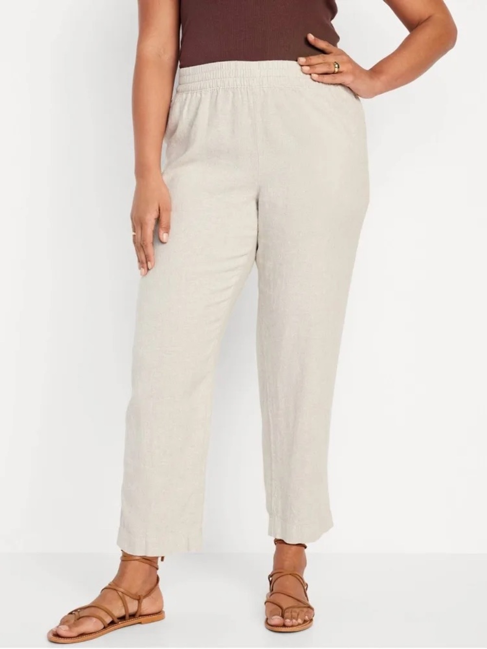 Old Navy Relaxed Linen Beach Pants Lounge Pants High Rise Straight Leg Beige Tan